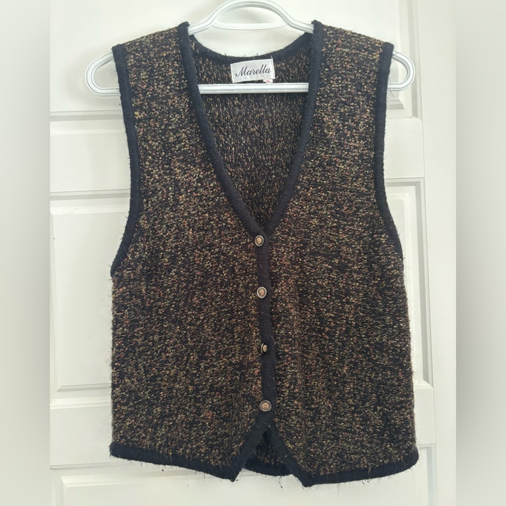 Vintage Sweater Vest Marella Multicolour Tweed Black V Neck Gold Button Size S - Picture 2 of 6